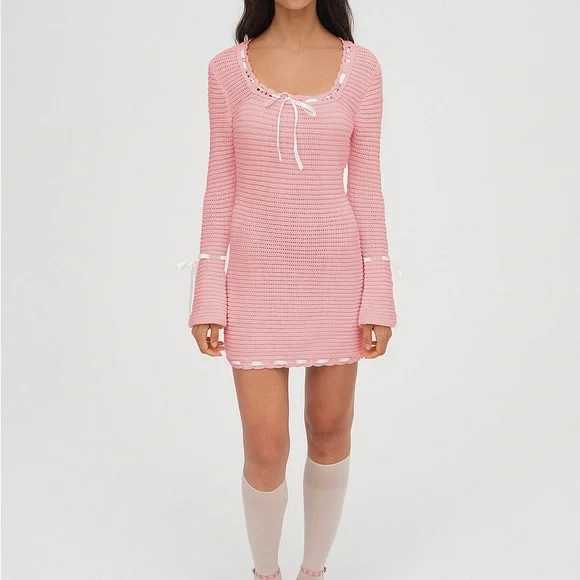 For Love & Lemons Pink Crocheted Ribbon-Trim Knit Top - Picture 1 of 5